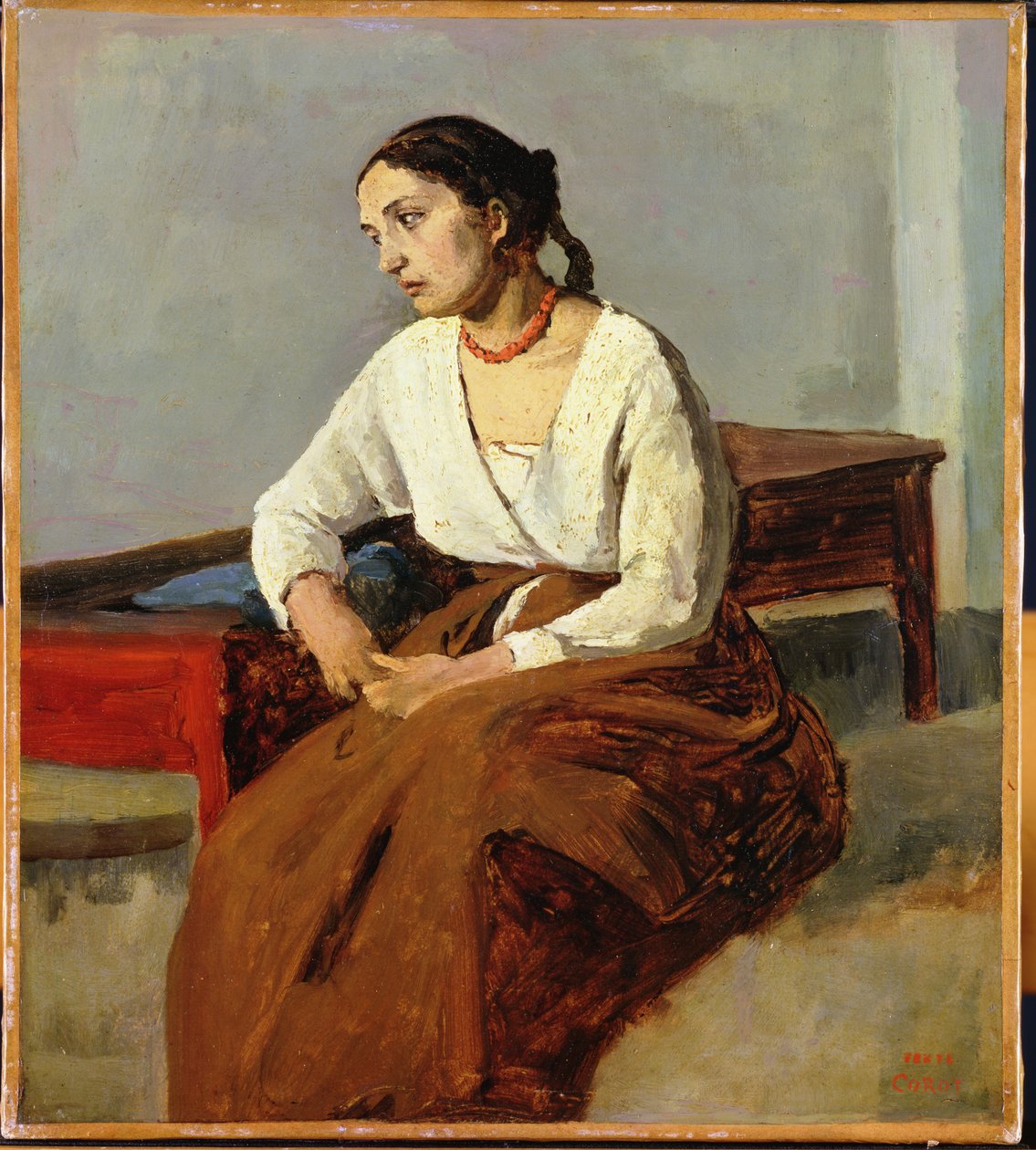 Kahverengi Etek Oturan Kadın by Jean Baptiste Camille Corot
