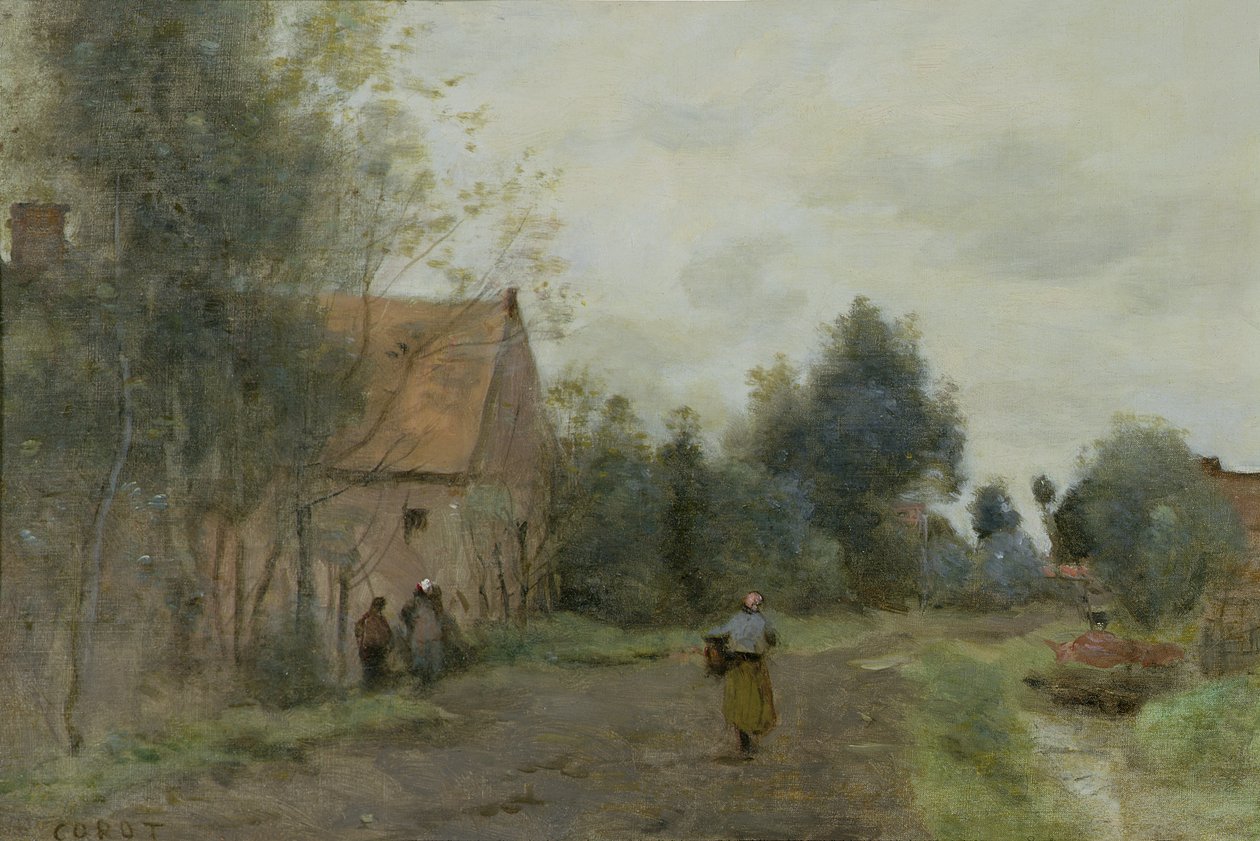 Douai yakınlarındaki Günah, Sabah Köy Sokağı, Gri Hava, 1872 by Jean Baptiste Camille Corot