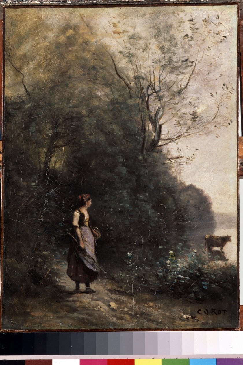 ""Ormanın kenarında bir çoban ve inek sürüsü"" (Ormanın Kenarında İnekli Çoban) Boyama Camille Corot (1796-1875) 1865-1870 Dim. 47.5x35 cm l Hermitage Müzesi , aziz petersburg by Jean Baptiste Camille Corot