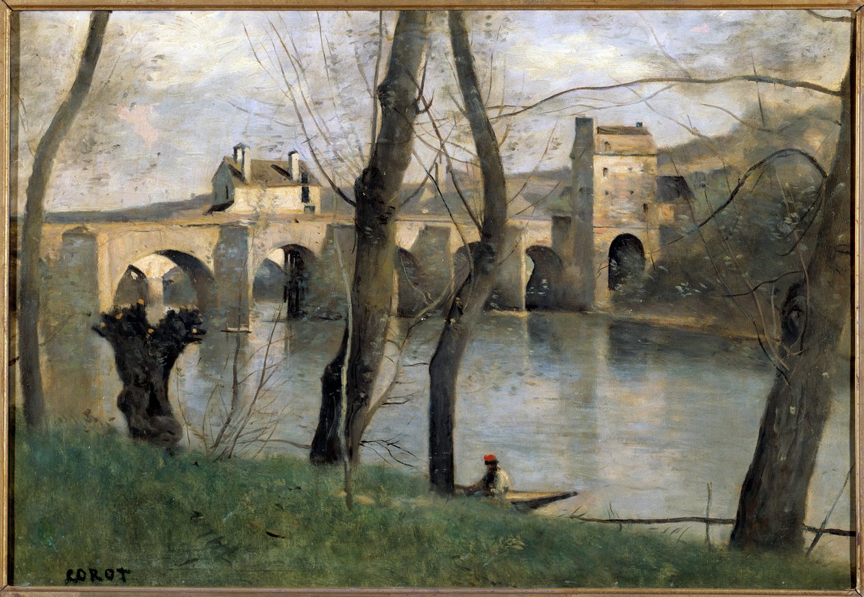 Camille Corot (1796-1875) 19. yüzyıl Güneşi tarafından Mantes Tablosunun köprüsünün görünümü. 0,38x0,55 m Paris Louvre Müzesi by Jean Baptiste Camille Corot