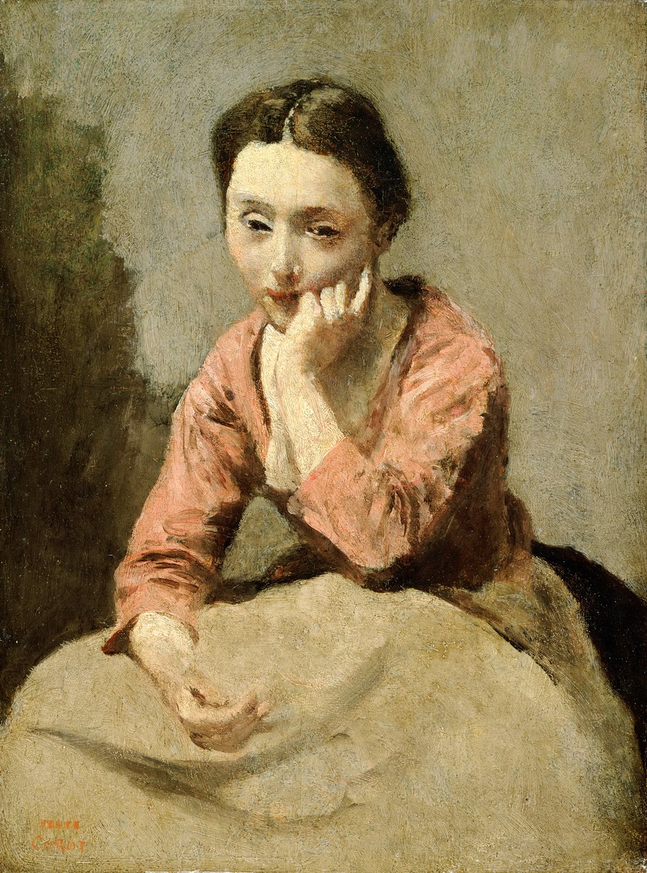 Pembe Bluzlu Kadın (tuval üzerine yağlı boya) by Jean Baptiste Camille Corot