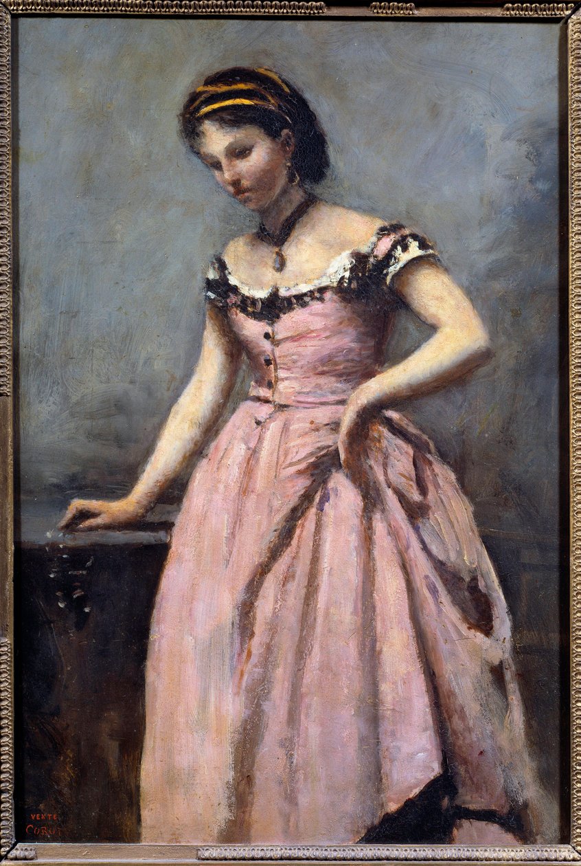 Pembe Elbiseli Genç Kız Tablosu Camille Corot (1796-1875) 19. Yüzyıl Güneşi. 0,46x0,32 m Paris, Orsay Müzesi by Jean Baptiste Camille Corot