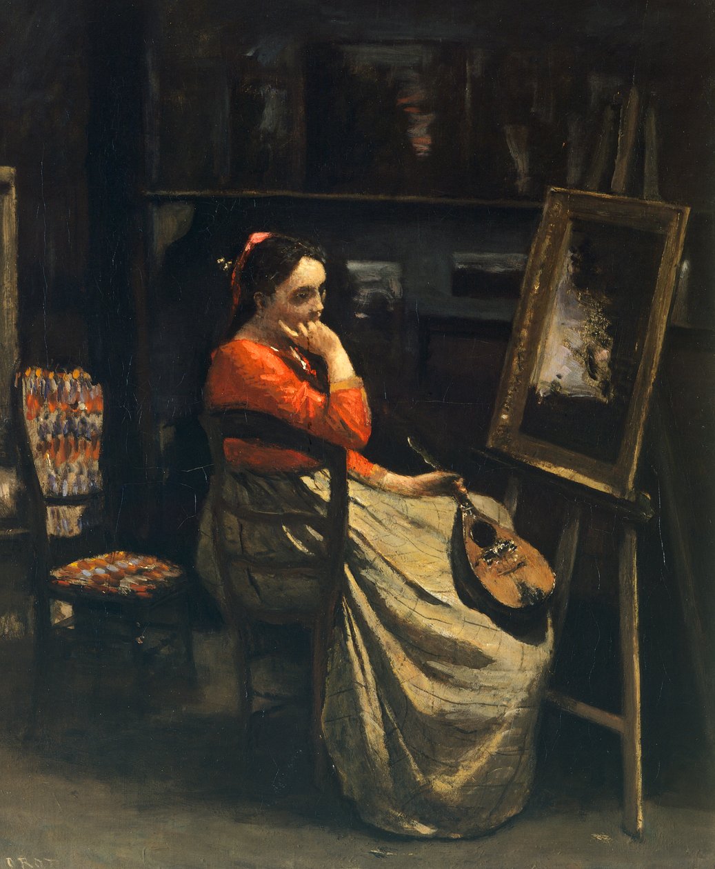 Mandolinli Genç Kadın (Atelier la mandoline) Jean-Baptiste Camille Corot (1796-1875) by Jean Baptiste Camille Corot