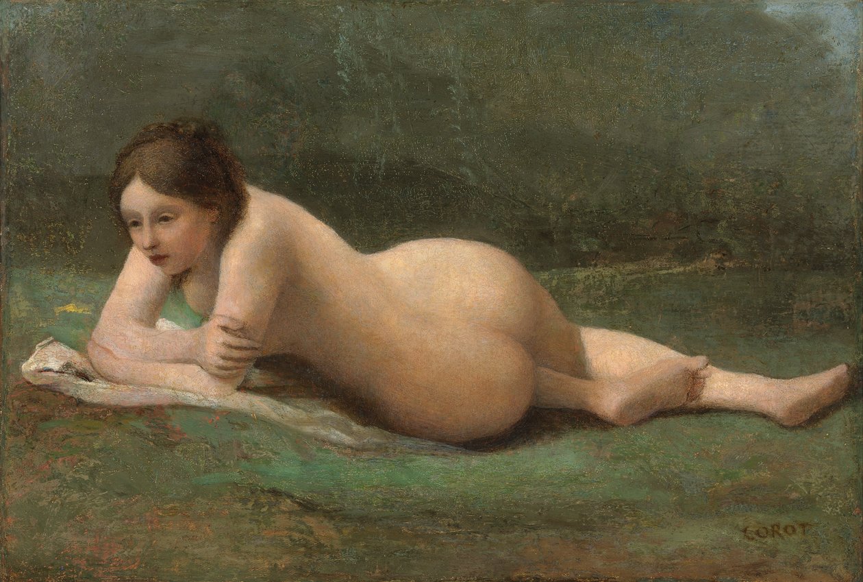 Çimlere uzanmış genç kadın, 1850-60 dolayları by Jean Baptiste Camille Corot