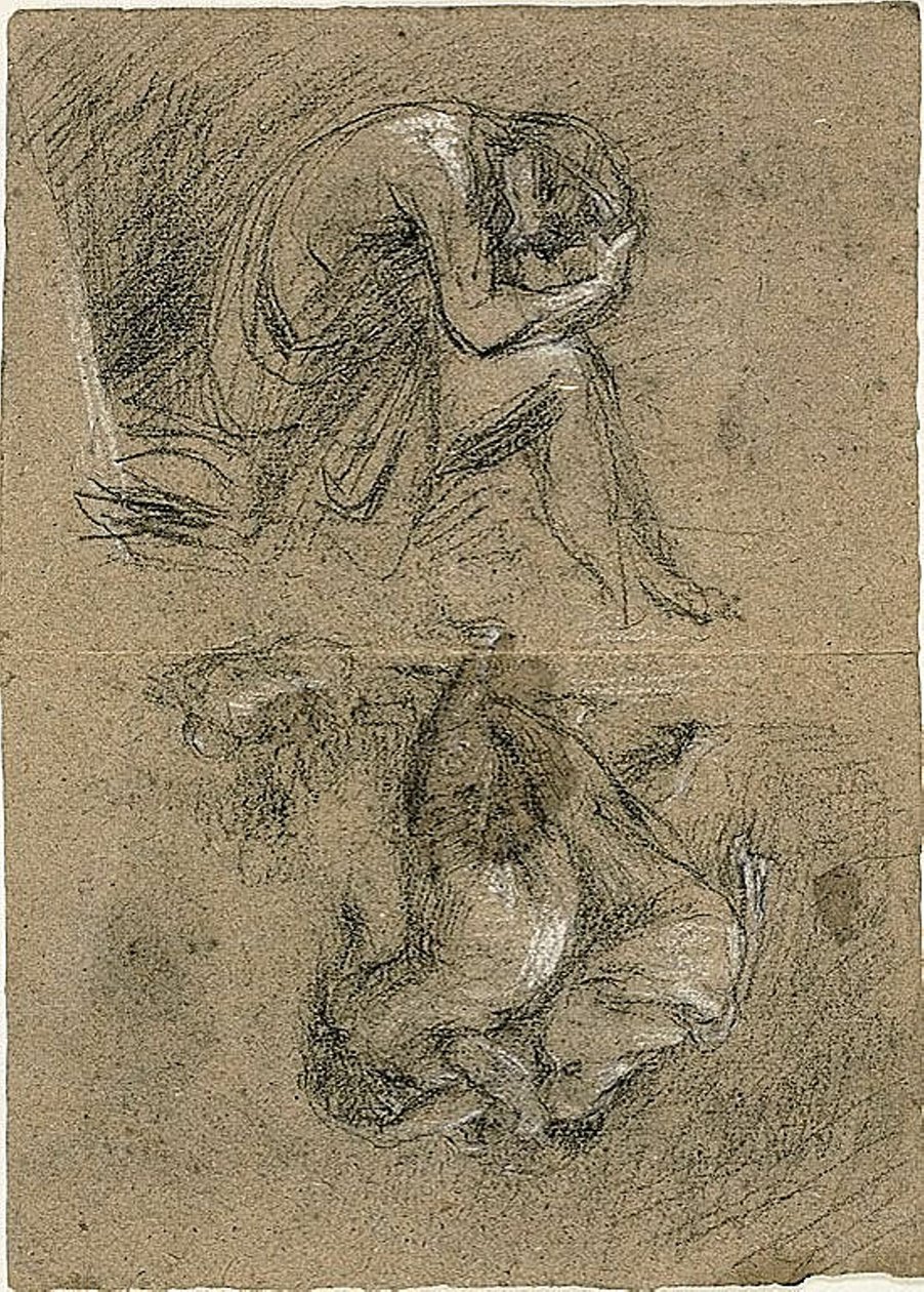 Eskizler: Başı Ellerinde Oturan Adam ve Arka Planda Diğerlerine Doğru Eğilmiş İki Figür (rekto); uzanmış kadın (versi) by Jean Baptiste Carpeaux