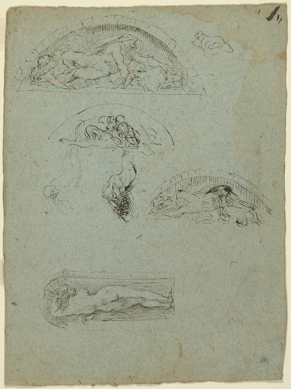 Bir Nişte Ayakta Figür ve Ugolino Grubu için Çalışmalar (rekto); Kalabalıkta Kırmızı Cüppeli Başrahip (verso) by Jean Baptiste Carpeaux