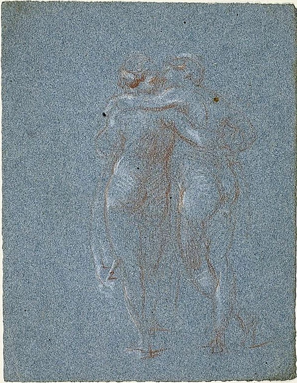 İki Ayakta Figür, Kucaklayan (rekto); Tırpanlı Adam ve Bina Eskizleri (verso) by Jean-Baptiste Carpeaux