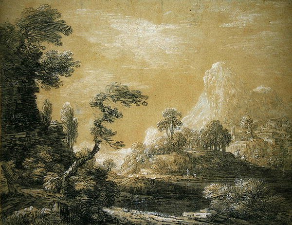 Klasik Bir Manzara (kağıt üzerinde grafit ve tebeşir) by Jean Baptiste Claude Chatelain