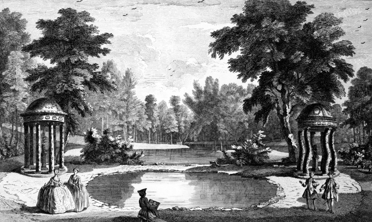 Grotto ve iki kabuk tapınağın bir görünümü, Stowe House Gardens, George Bickham tarafından oyulmuş, 1753 by Jean Baptiste Claude Chatelain