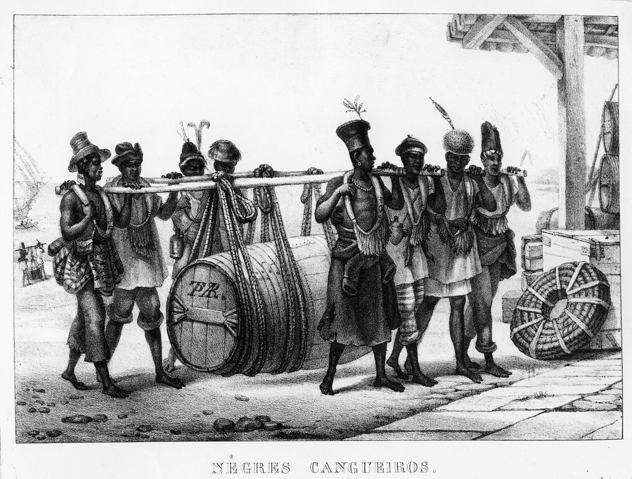 "Siyah Cangueiros" - Siyah Hamallar bir Fıçı taşırlar, oyulmuş Thierry Freres (fl.1827-45), 1835 by Jean Baptiste Debret
