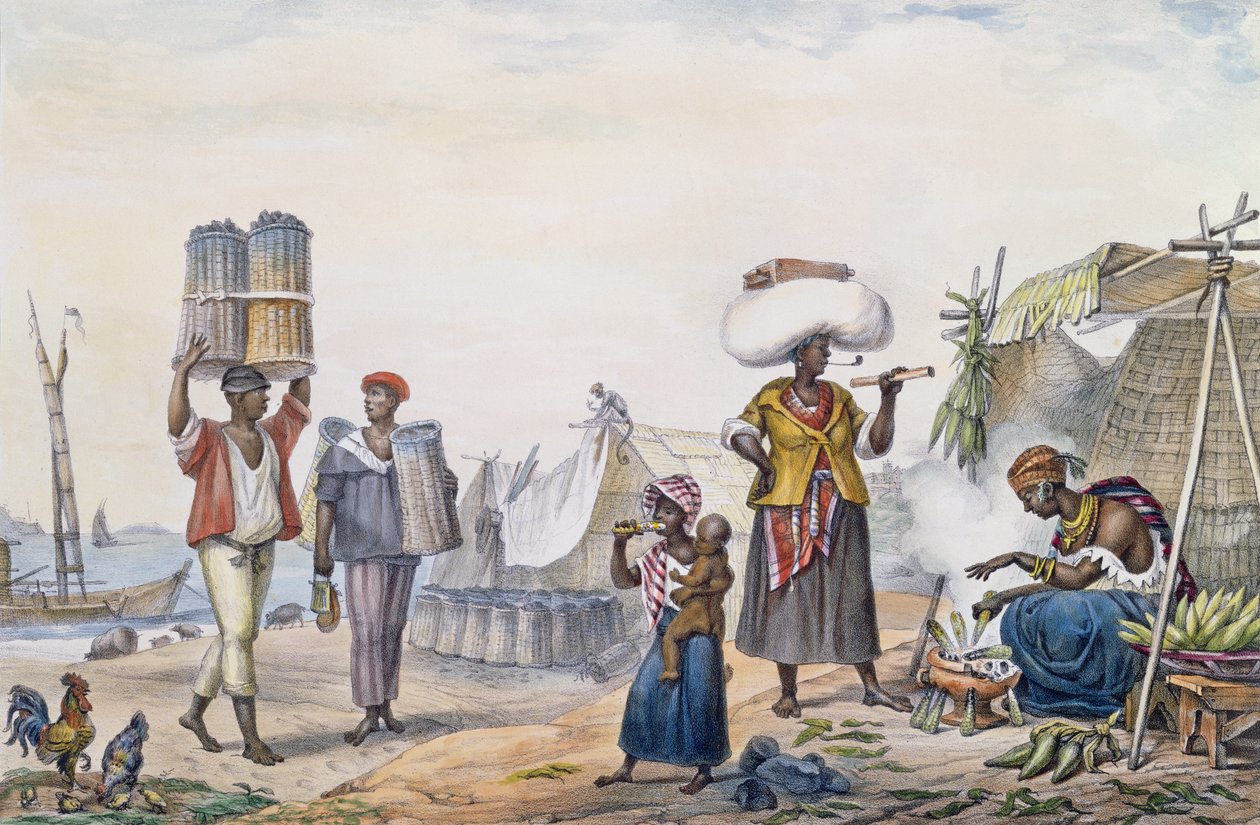 Thierry Freres tarafından oyulmuş 'Brezilya'ya Pitoresk ve Tarihsel Yolculuk'tan Kömür ve Mısır Satan Siyahlar, 1839 by Jean Baptiste Debret