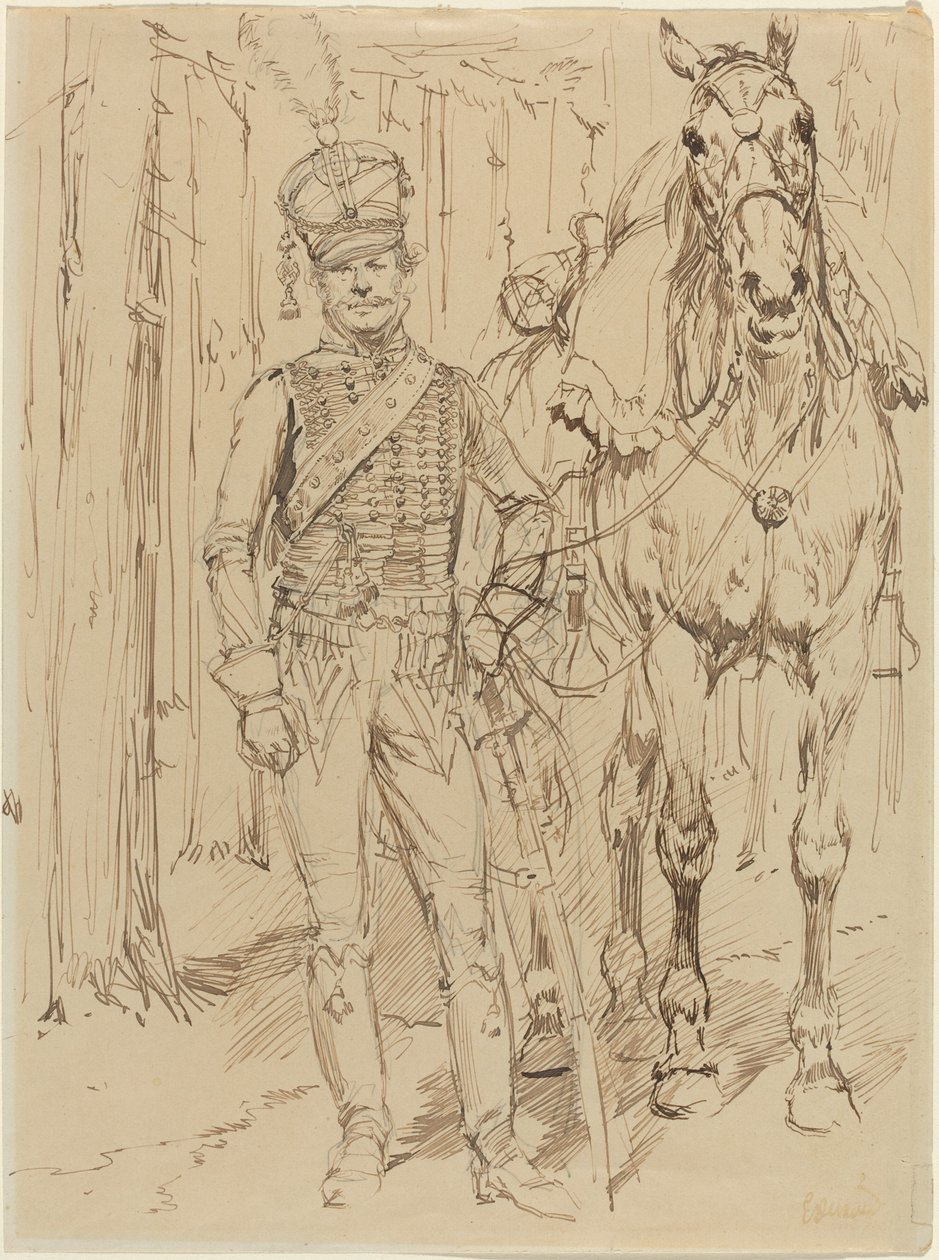 Bir Atın Önünde Bir Fransız Hussar by Jean Baptiste Edouard Detaille