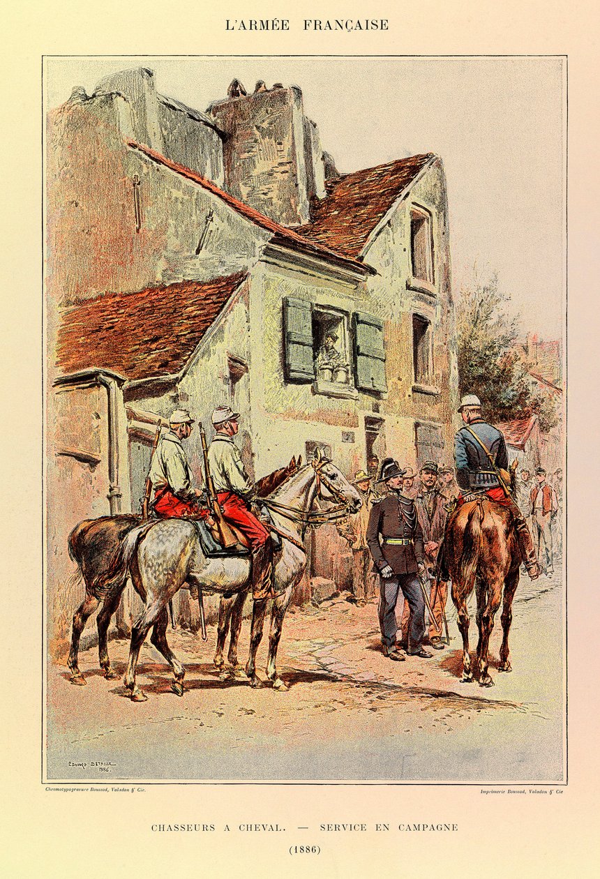 ಎಡ್ವರ್ಡ್ ಡಿಟೈಲ್ (1848-1912)ರಿಂದ ವಿವರಿಸಲ್ಪಟ್ಟ ಕ್ಯಾಪ್ಟನ್ ಜೂಲ್ಸ್ ರಿಚರ್ಡ್‌ನ ಫ್ರೆಂಚ್ ಆರ್ಮಿಯ ವಿಧಗಳು ಮತ್ತು ಸಮವಸ್ತ್ರಗಳು: ಹಂಟರ್ಸ್ ಎ ಹಾರ್ಸ್‌ಬ್ಯಾಕ್; 1886 ರಲ್ಲಿ ಕ್ಷೇತ್ರ ಸೇವೆ, ಖಾಸಗಿ ಕಲೆಕ್ಷನ್ಟರ್ಕ್ by Jean-Baptiste Edouard Detaille