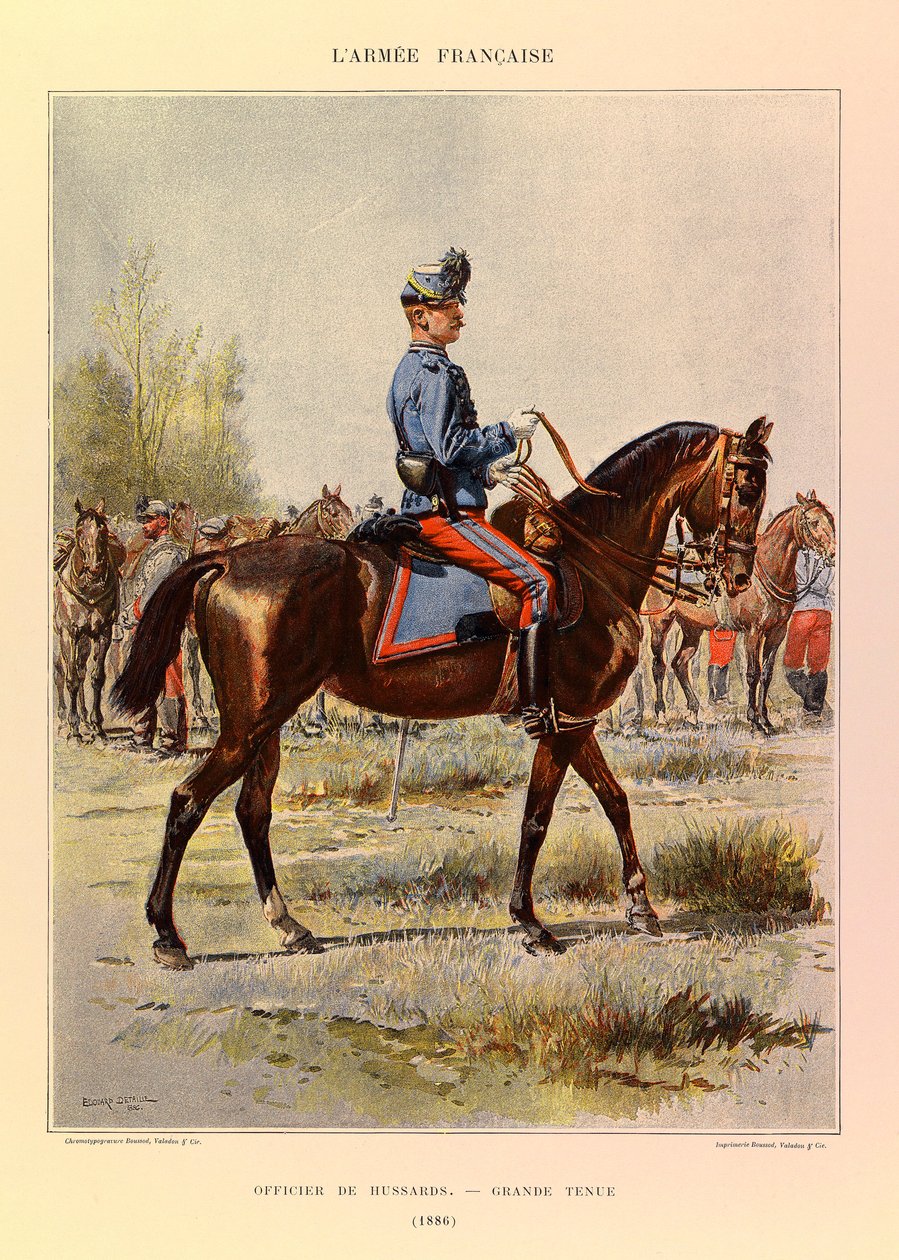 Edouard Detaille (1848-1912) tarafından resmedilen Kaptan Jules Richard'ın Fransız Ordusunun Tipleri ve Üniformaları: 1886'da Büyük Elbiseli Hussards Subayı, Özel Koleksiyon by Jean Baptiste Edouard Detaille