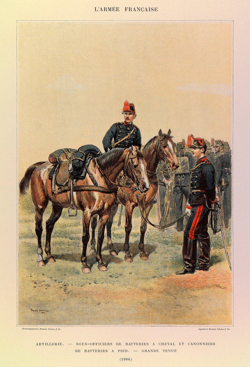 Types and uniforms of the French Armee of Captain Jules Richard, illustrated by Edouard Detaille (1848-1912): Artillery: Under-officers of batteries on horses and gunners of battery on foot in large attire in 1886, Private collection by Jean Baptiste Edouard Detaille
