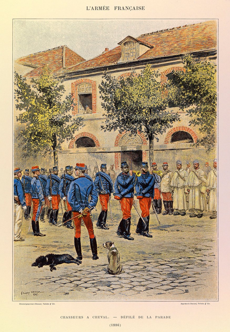 Types and uniforms of the French Armee of Captain Jules Richard, illustrated by Edouard Detaille (1848-1912): Hunters a Horseback; Defile de la parade en 1886, Collection Partiale by Jean Baptiste Edouard Detaille