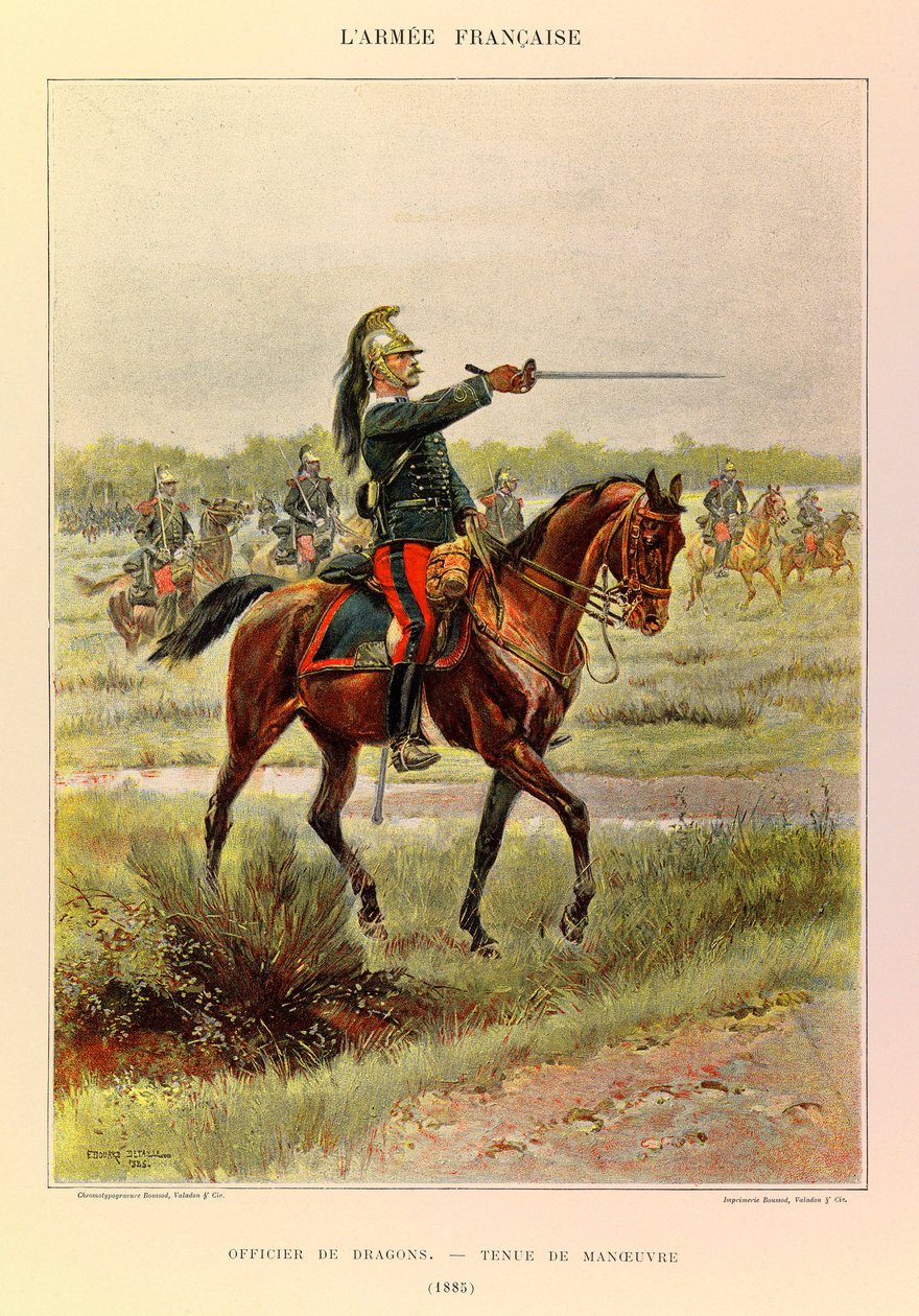 Types and uniforms of the French Armee of Captain Jules Richard, illustrated by Edouard Detaille (1848-1912): Officer of Dragons in maneuver suit in 1885, Private Collection by Jean Baptiste Edouard Detaille