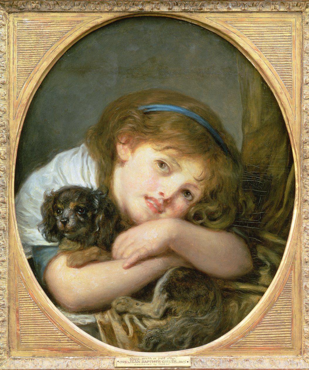 Evcil Köpekli Bir Kız (panelde yağlı boya) by Jean Baptiste Greuze