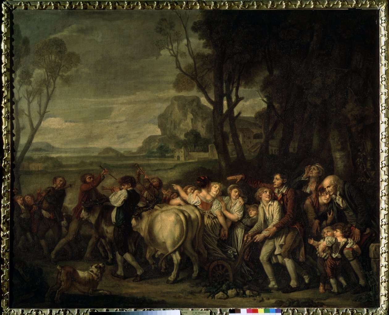 "İlk karık" (İlk karık) Çiftçiliğin başlangıcında kazılan ilk karık izinin sürülmesi vesilesiyle düzenlenen köylü şenliği. Jean Baptiste Greuze (1725-1805) 1801 Puşkin Müzesi, Moskova tarafından tablo by Jean Baptiste Greuze