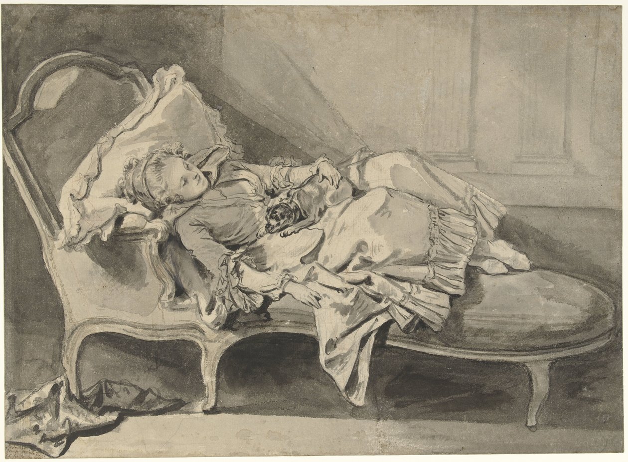 Madame Greuze köpeğiyle şezlongda by Jean Baptiste Greuze