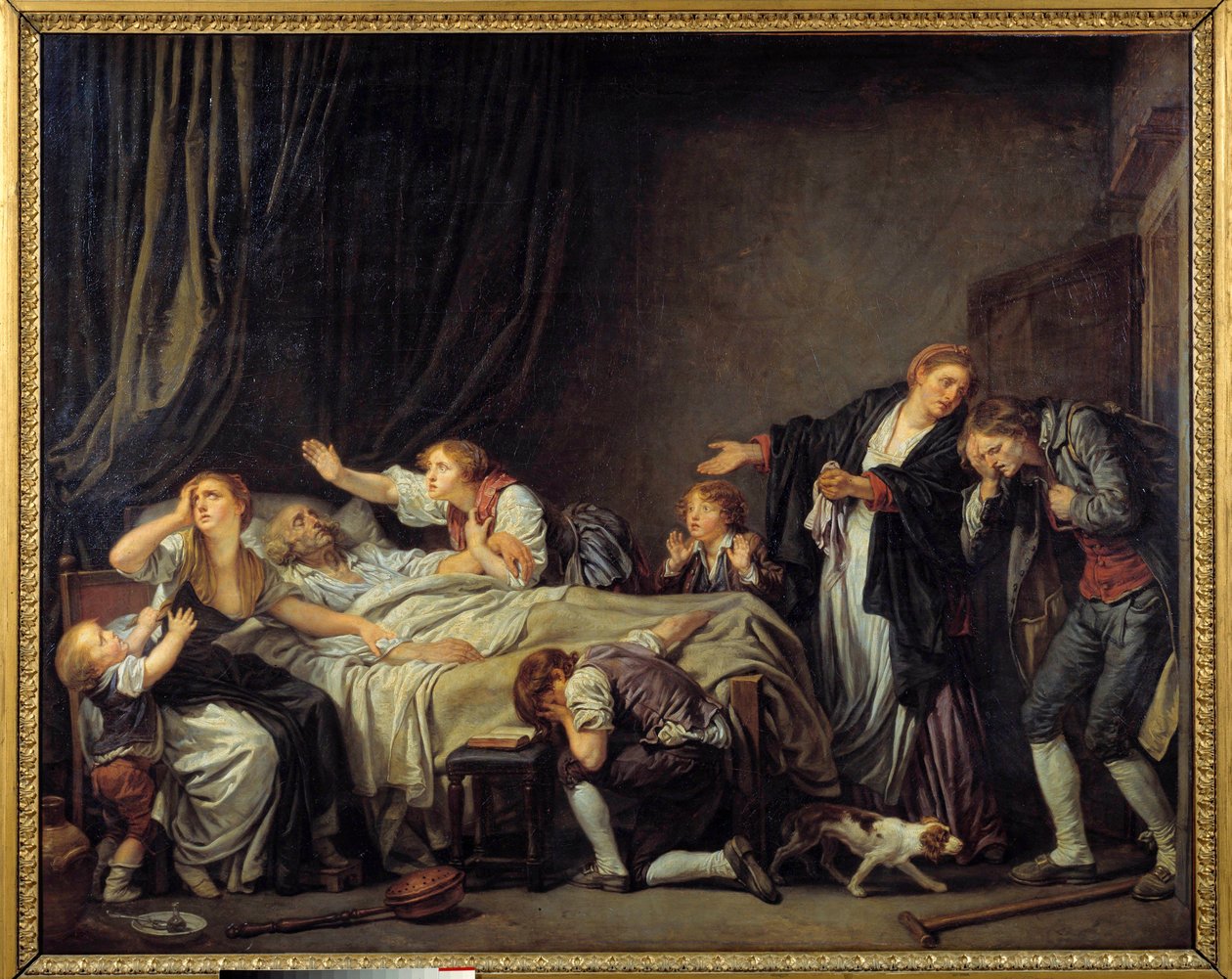 Oğul cezalandırıldı Oğul eve döner ve ailesini ölü babanın yatağının başında ağlarken bulur. Jean Baptiste Greuze (1725-1805) 1778 Sun tarafından tablo. 1,3x1,63 m by Jean Baptiste Greuze