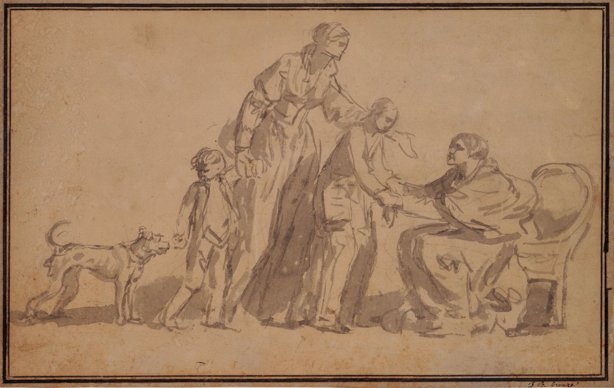 İki çocuk ve anne yaşlı bir hemşire tarafından karşılandı by Jean Baptiste Greuze