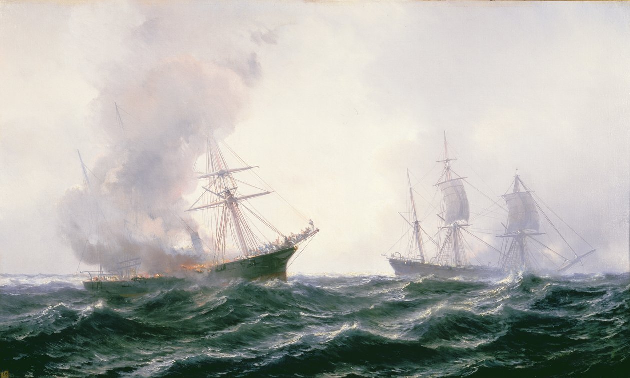 Denizde yanan bir gemi, yanında başka biri duruyor by Jean Baptiste Henri Durand Brager