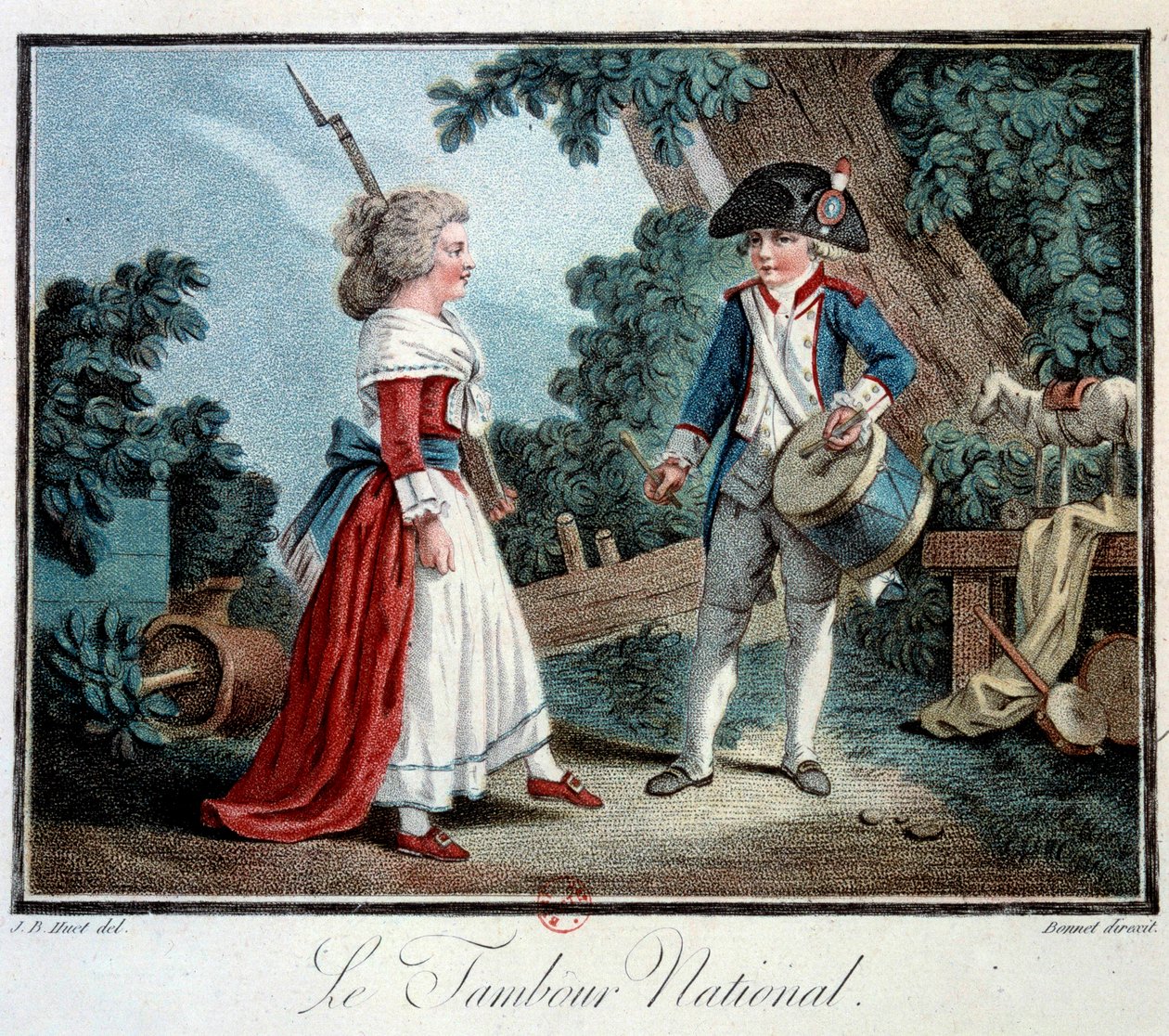 Fransız Devrimi: “Le tambour national”” İki küçük çocuk devrimci kılığına giriyor. Jean Baptiste Huet (1745-1811) tarafından litografi 18. yüzyıl Paris, Dekoratif Sanatlar by Jean Baptiste Huet