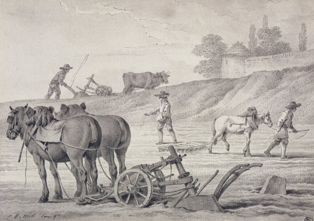 Ploughing the Fields (pen und ink and wash on paper) by Jean Baptiste Huet