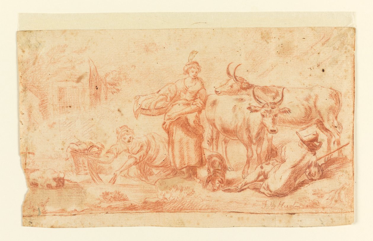 İnek sürüsünün yanında yıkanan kadınlar by Jean Baptiste Huet
