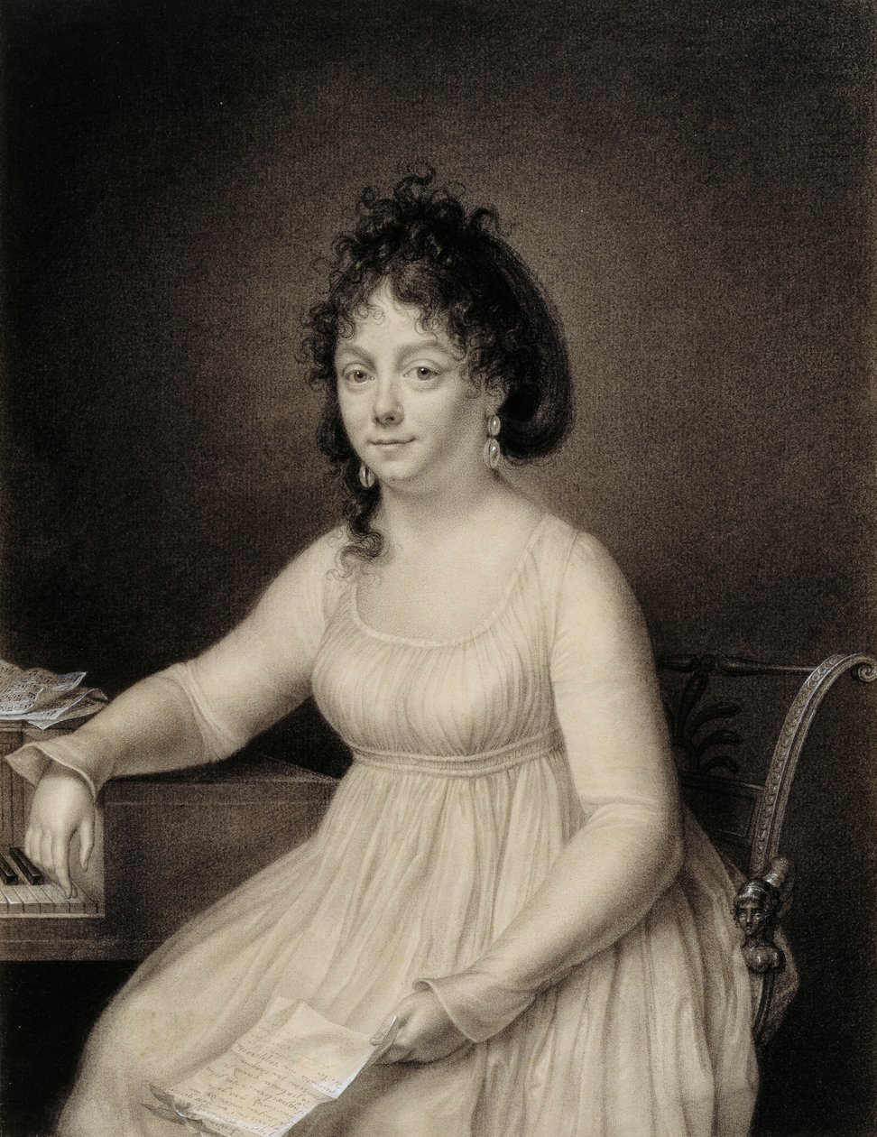 Oturan, üç çeyrek uzunlukta, Muhtemelen Sanatçının Ailesinin Bir Üyesi, Sol Elinde Bir Mektup Tutarak ve Sağ Kolunu Bir Piyanonun Kenarına Yaslayarak, 1820 by Jean Baptiste Jacques Augustin