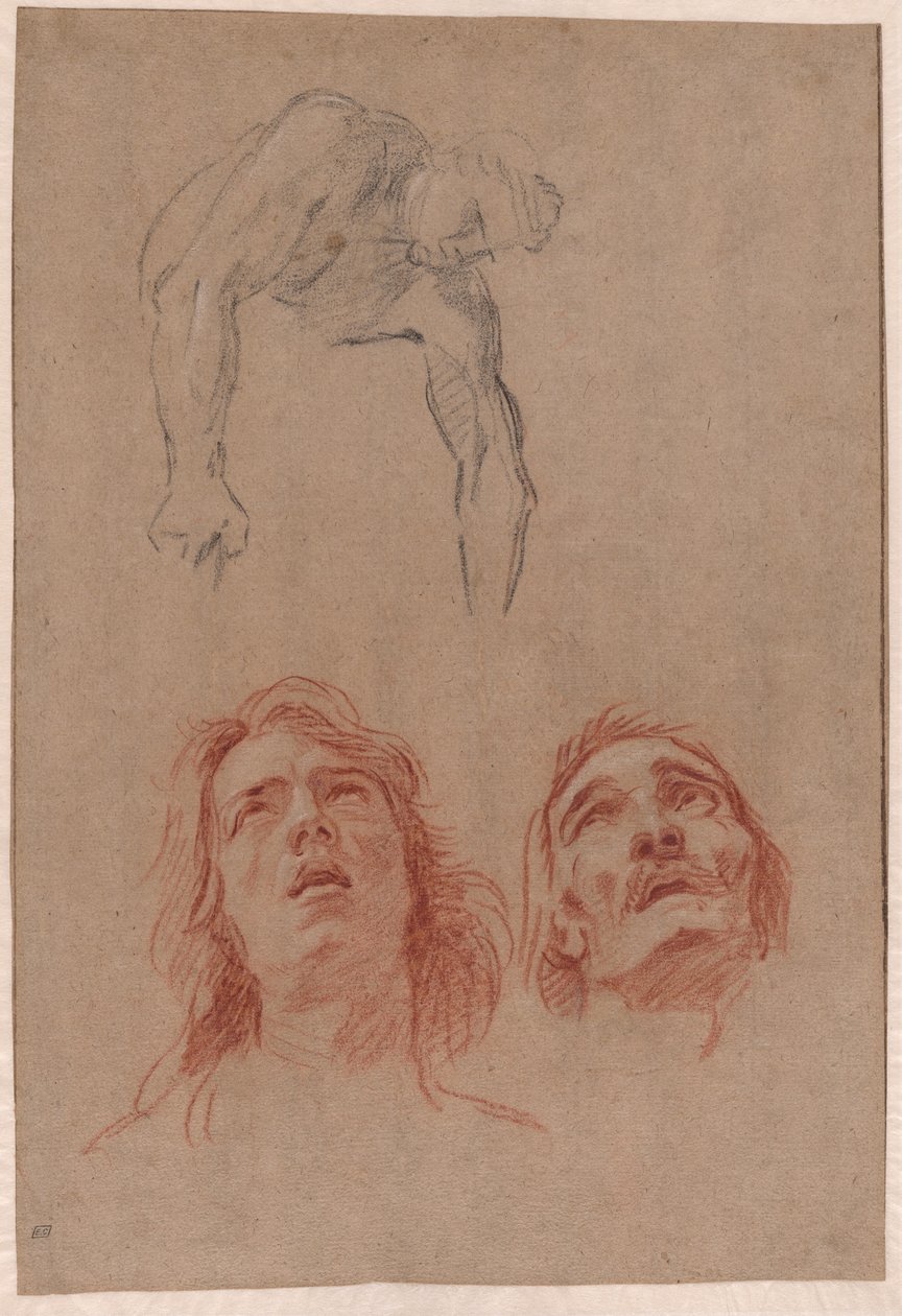 Aşağı Uzanan Adam ve İki Kafa Çalışması (rekto) by Jean Baptiste Jouvenet