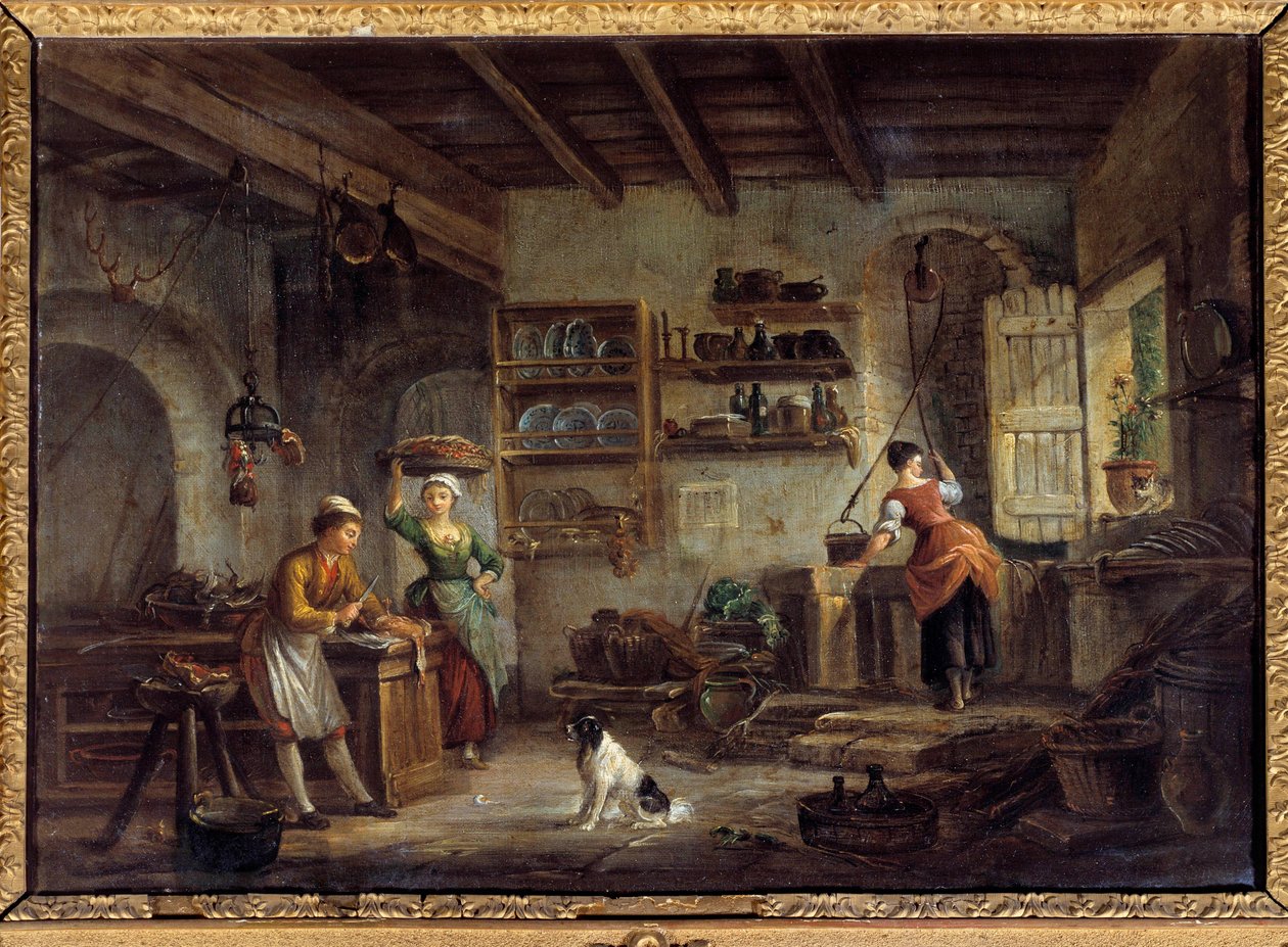 Bir mutfak iç mekanı Aşçılar ve hizmetçiler efendilerinin yemeklerini hazırlarlar. Jean Baptiste Lallemant