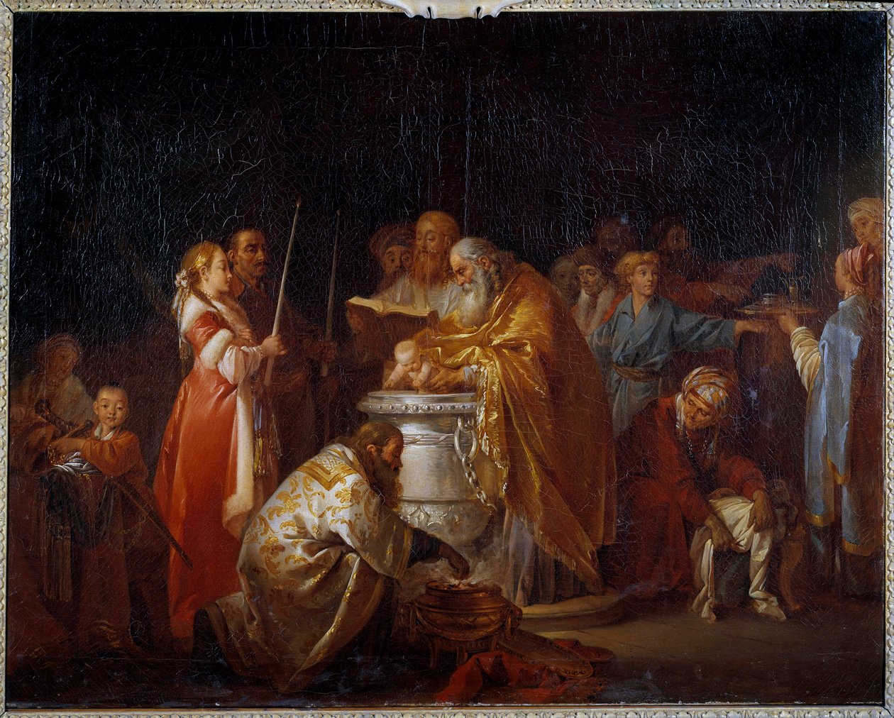 Rus vaftizi Ortodoks bir papa, bir çocuğu ebeveynlerinin önünde vaftiz ediyor. Jean Baptiste Leprince (1733-1781) 1765 Sun tarafından tablo. 0,73x0,92 m by Jean Baptiste Leprince