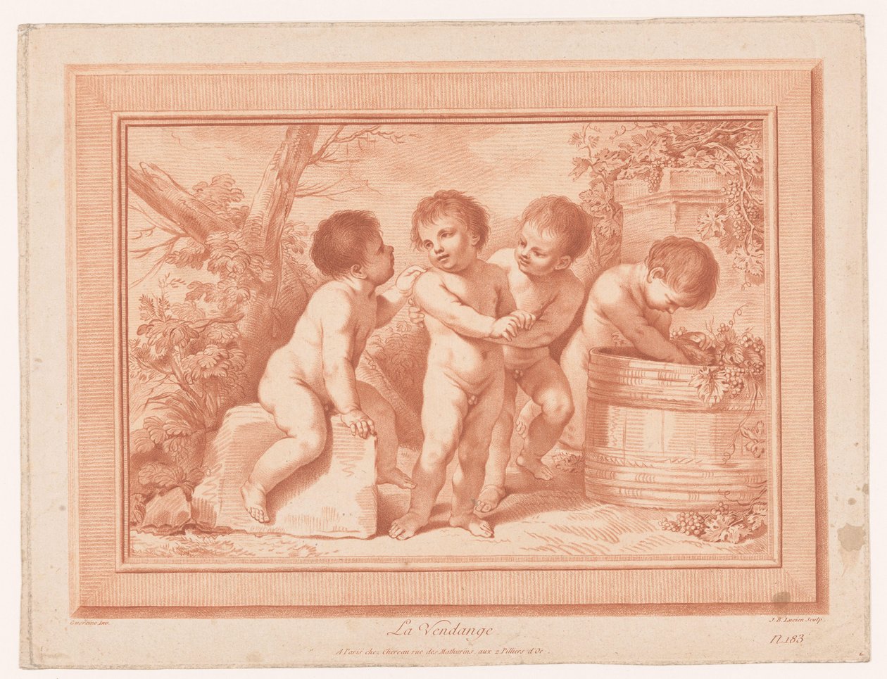 Bir şarap fıçısı ile dört putti La Vendange (nesne üzerindeki başlık) by Jean Baptiste Lucien