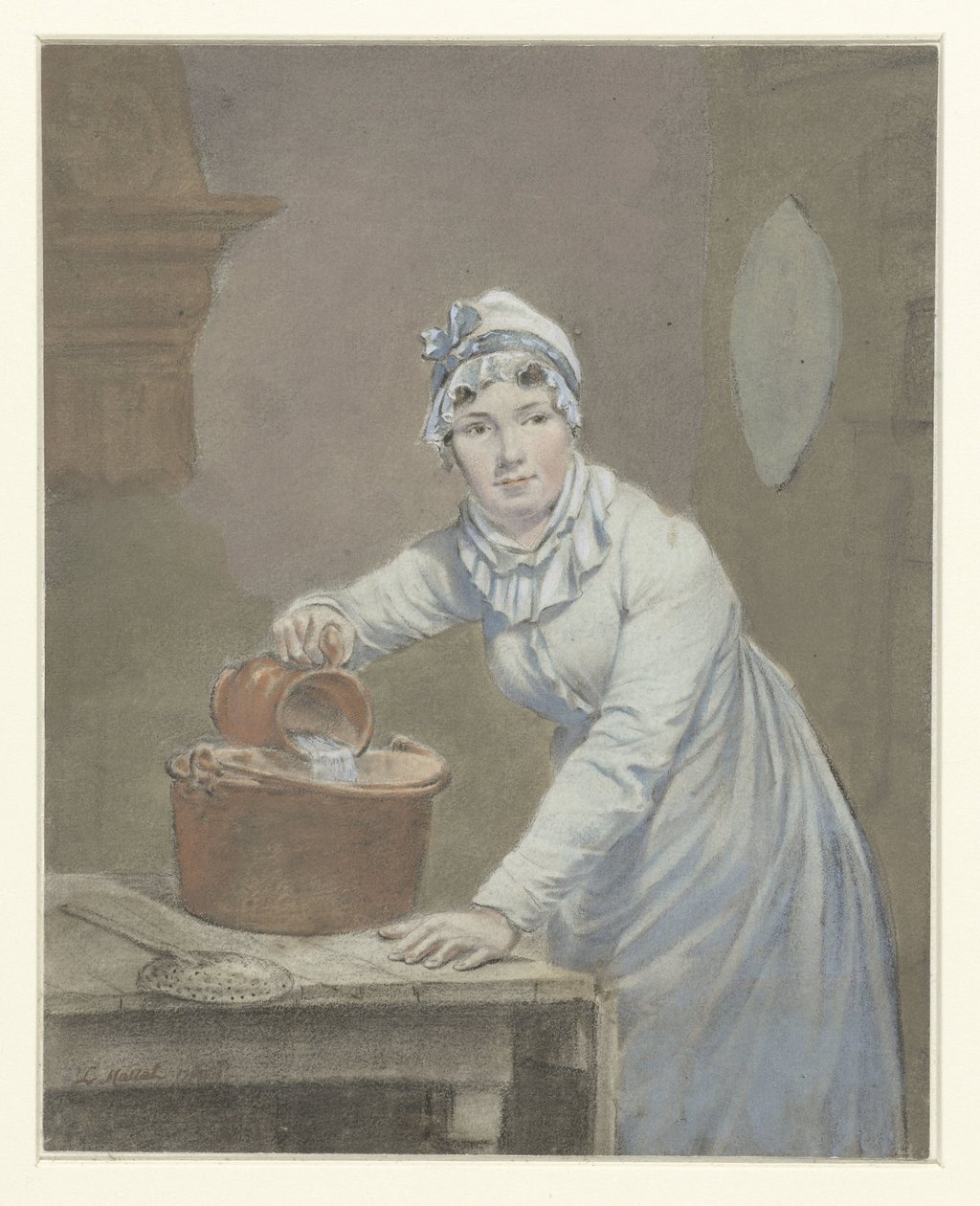 Hizmetçi bir tavaya süt döker by Jean Baptiste Mallet (possibly)