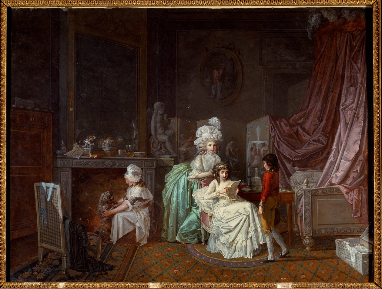 Bir yatak odasının mahremiyetinde aile saç modeli, okuyan anne kızını ısıtıyor. Bir diğeri köpekle oynuyor. Jean Baptiste Mallet (1759-1835) tarafından yapılan boyama 18. yüzyıl Paris, Dekoratif Sanatlar by Jean Baptiste Mallet