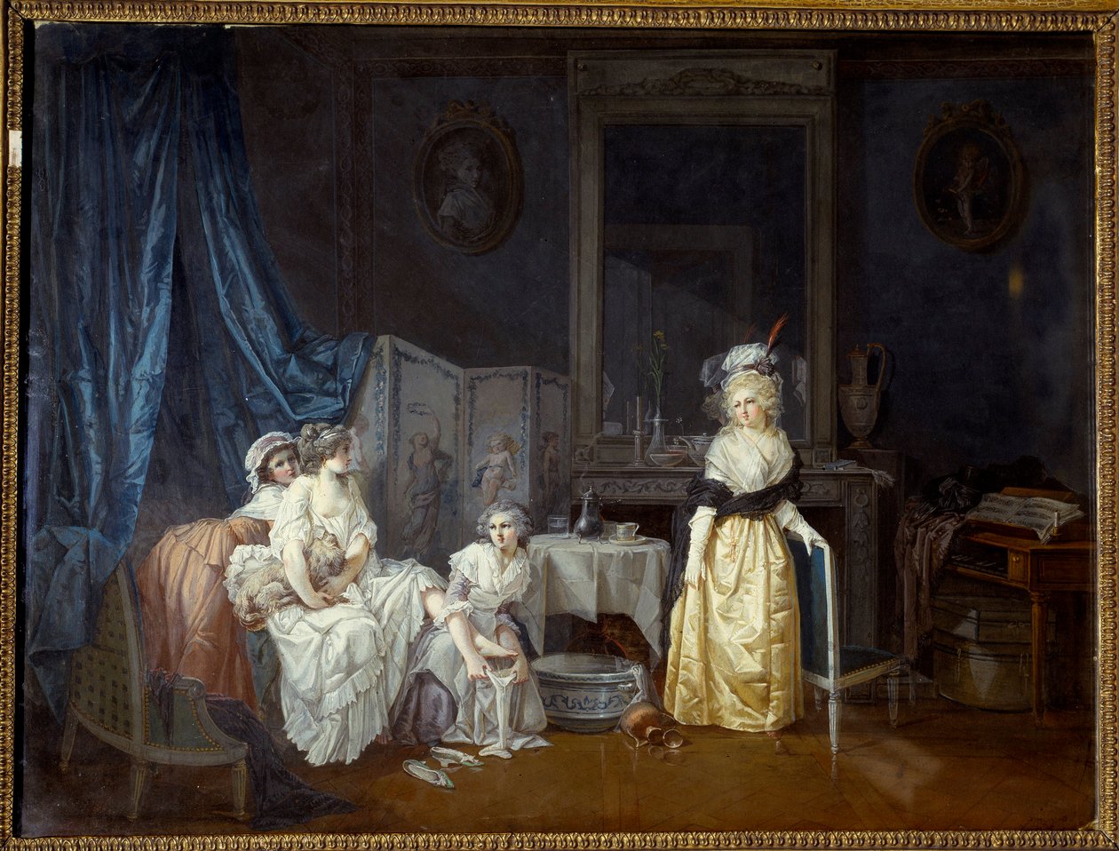 Tuvalet Bakirelerinin yardımıyla genç bir kadın banyo yapmak üzeredir. Jean Baptiste Mallet tarafından boyama by Jean Baptiste Mallet