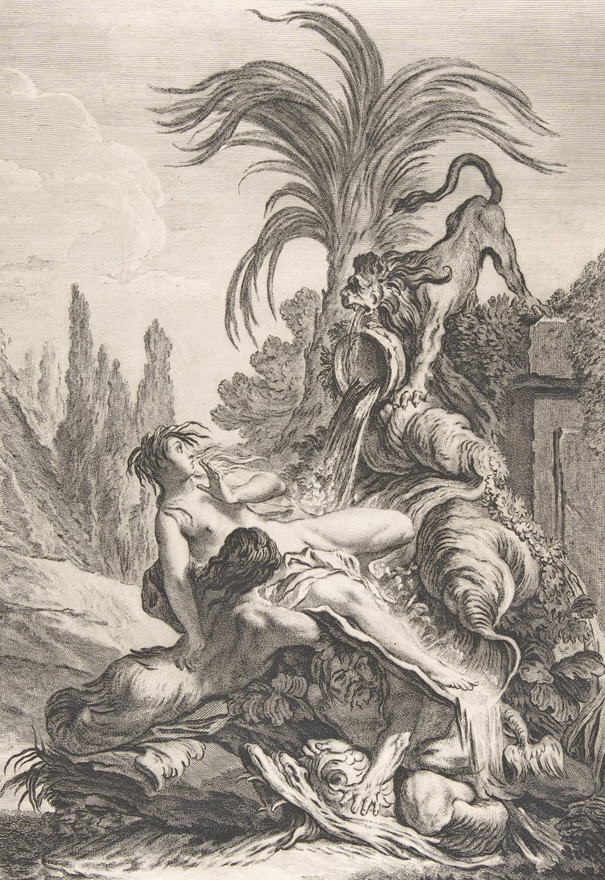 Korkmuş Naiad Dağınık bir Naiad, bir aslan gördüğünde korkuyla geri tepiyor, ca. 1740., by Jean Baptiste Marie Pierre