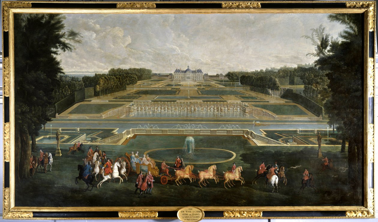 Marie Lescszinska, Fransa Kraliçesi (1703-1768) (Leczinska, Lescszinka, Leszinka) Vaux Le Vicomte (Vaux-Le-Vicomte) kalesinin bahçelerinde Jean Baptiste Martin (1659-1735) tarafından tablo 1728 Chateau De Vaux Le Vikont. - Marie Lescszinska, F Kraliçesi by Jean Baptiste Martin