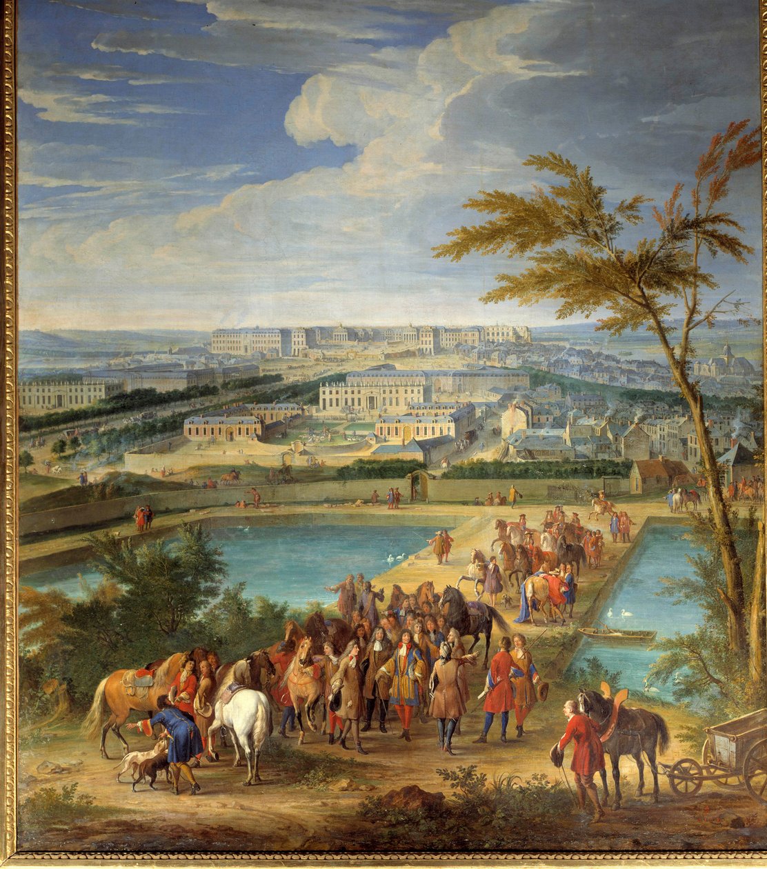 Montbauron tepesinden çekilen şehir ve Versay kalesi görünümü, Louis XIV (1638-1715) ve Francois Michel le Tellier, Marquis de Louvois yeni rezervuarları ziyaret ediyor Jean-Baptiste Martin (The Elder) (1659-1735) ) 17. yüzyıl Güneşi. 2, by Jean Baptiste Martin
