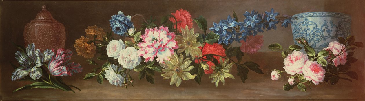 İki Zencefil Kavanozlu Bir Çıkıntıdaki Güller ve Diğer Güllerin Natürmort by Jean Baptiste Monnoyer