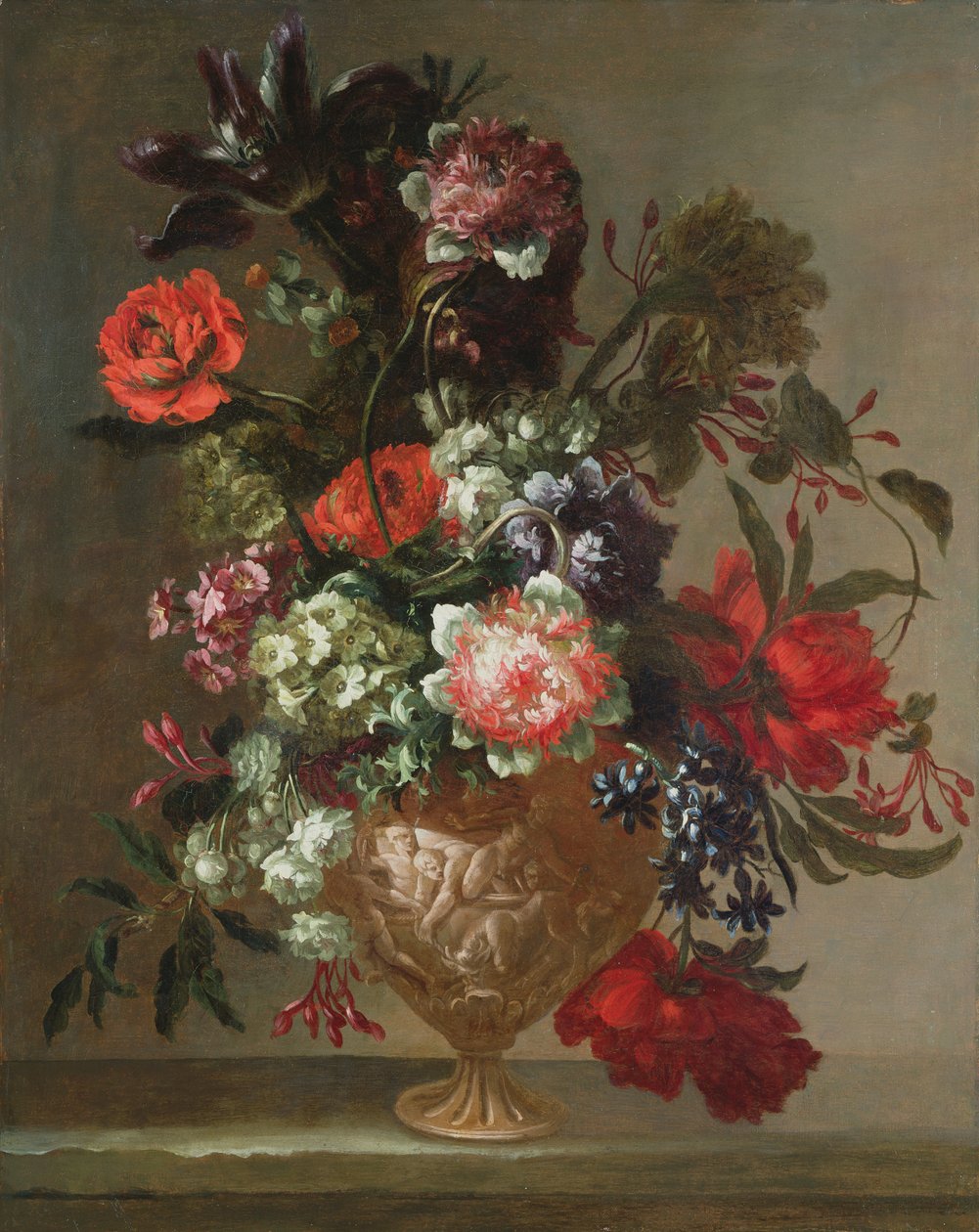 Yontulmuş bir vazoda çiçeklerin natürmort by Jean Baptiste Monnoyer