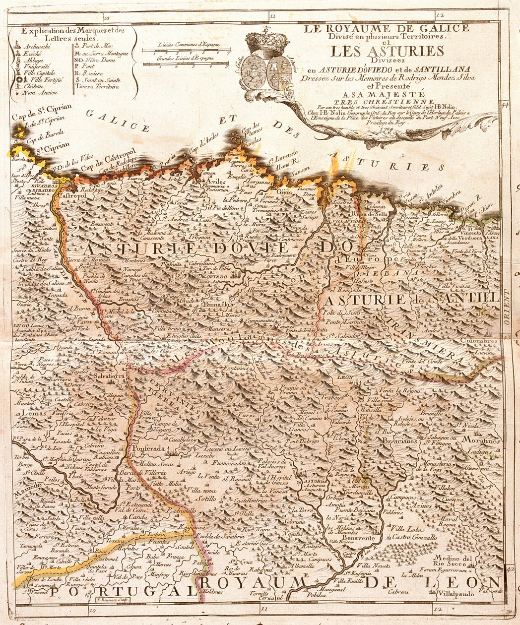 Asturias (İspanya) Haritası (Gravür by Jean Baptiste Nolin