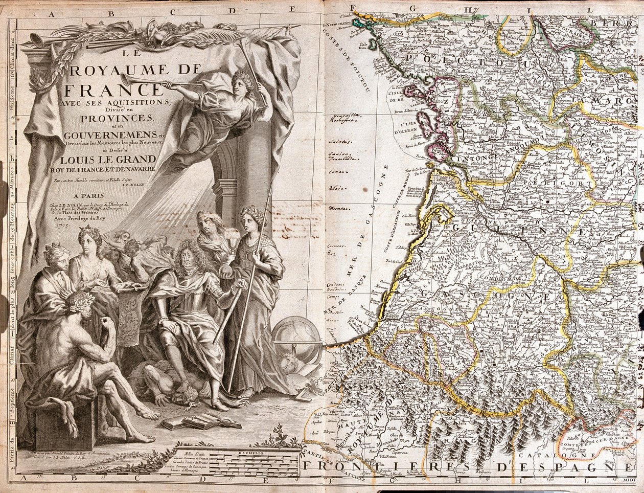 Alegorik karakterlerle çevrili Louis XIV (1638-1715) portresi ile Guyenne ve Gascony Haritası by Jean Baptiste Nolin