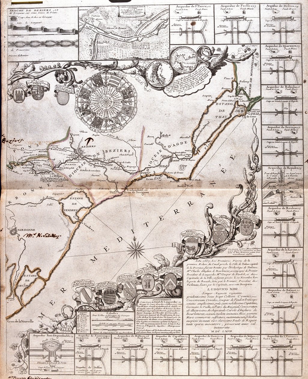 Su kemerleri ile Canal du Midi Haritası (Gravür by Jean Baptiste Nolin