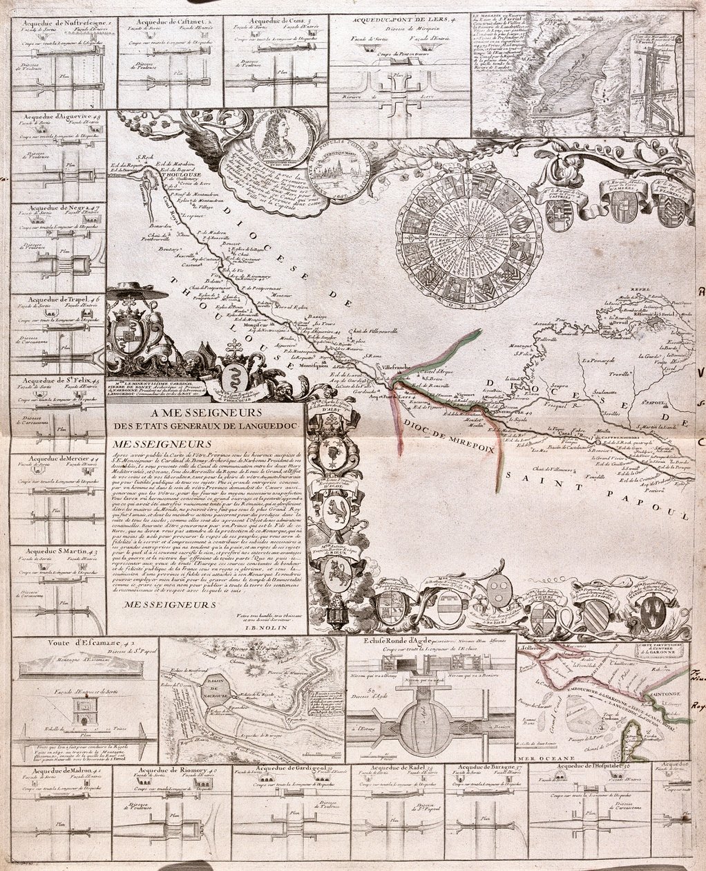 Su kemerleri ile Canal du Midi Haritası (Gravür by Jean Baptiste Nolin