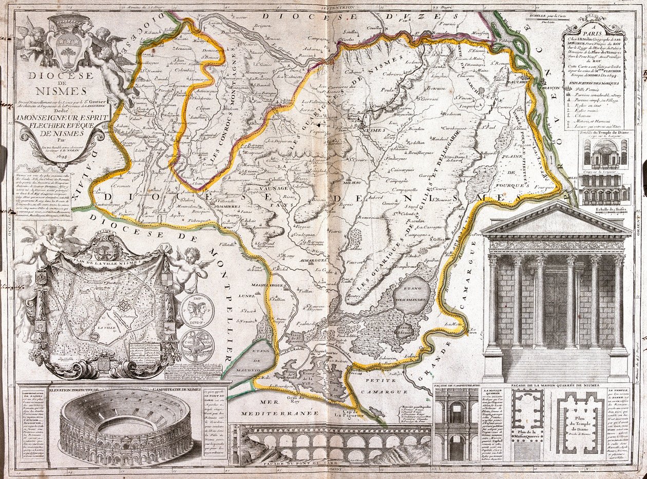 Nimes (Fransa) Piskoposluk Haritası (Gravür by Jean Baptiste Nolin