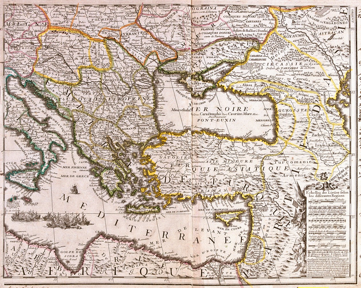 Doğu Akdeniz ve Karadeniz ülkeleri, Türkiye ve Küçük Asya illerinin haritası (gravür by Jean Baptiste Nolin