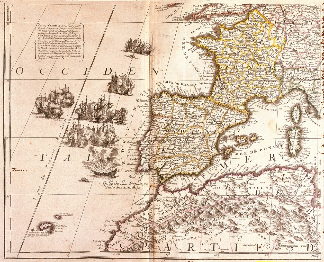 Batı Akdeniz ülkelerinin haritası: Fransa, İspanya, Portekiz ve Kuzey Afrika (Fas, Cezayir, Tunus), Balear Adaları, Korsika ve Sardunya ile (gravür by Jean Baptiste Nolin